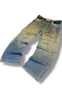 Archive 90s Y2K Heavy Distressed Washed Wide Leg Graphic Denim Jeans
