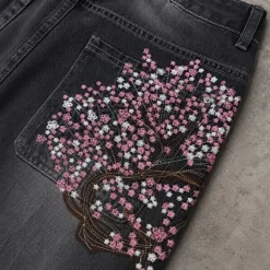 Baggy Jeans Grey Embroidered Sakura Haft Vintage Retro Wide