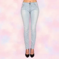 bawełniane rurki damskie spodnie długie do kostek mid waist jasny jeans niebieskie dopasowane slim