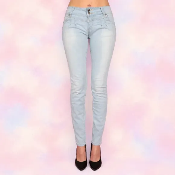 bawełniane rurki damskie spodnie długie do kostek mid waist jasny jeans niebieskie dopasowane slim