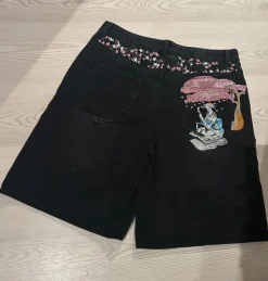 Black denim jorts embroidered jorts