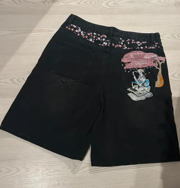 Black denim jorts embroidered jorts