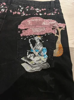 Black denim jorts embroidered jorts