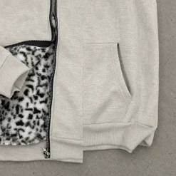 Boxy Black Panther Hoodie Zip Up Vintage Szara bluza w czarną panterkę z kapturem