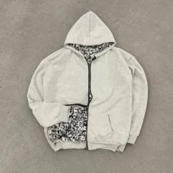 Boxy Black Panther Hoodie Zip Up Vintage Szara bluza w czarną panterkę z kapturem