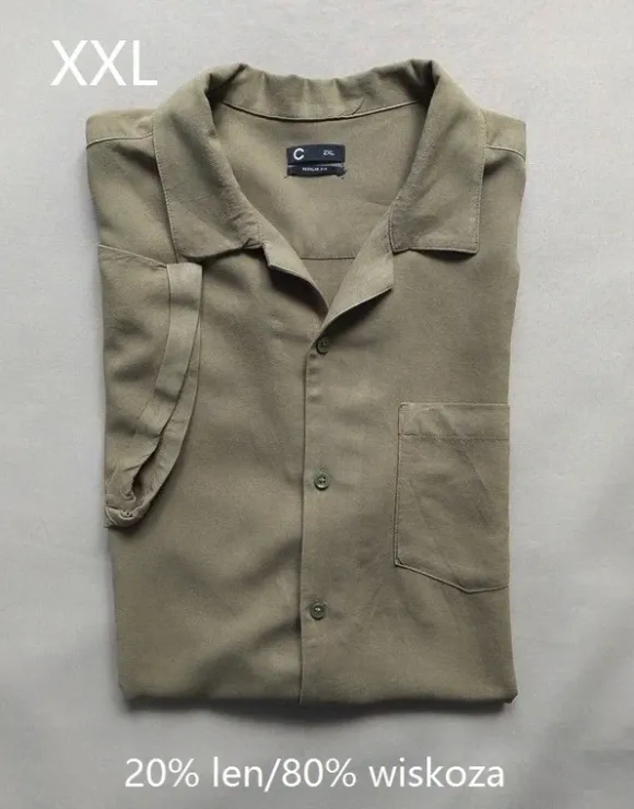Cubus koszula męska XXL khaki oliwkowa len wiskoza krótki rękaw summer viscose old money shirt