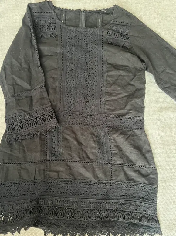 Czarna sukienka lniana tunika na plażę koronkowa haftowana vintage beach ażurowa peruvian M L