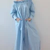 Długa sukienka, z hiszpańskim dekoltem, baby blue, brand Copenhagen Muse