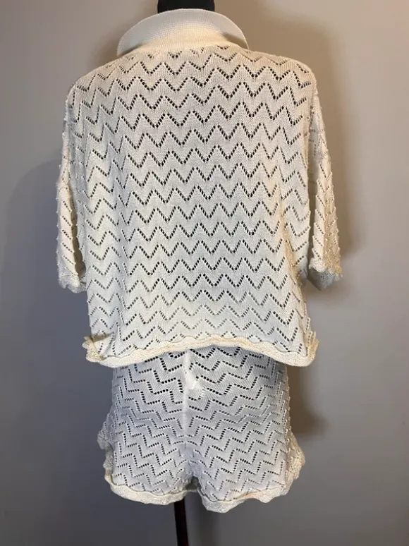 Komplet ażur knit boho kremowy sweter + spodenki oversize XL lato