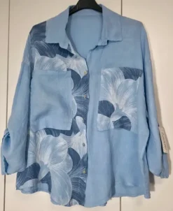 Komplet lniany w kwiaty koszula oversize spodnie szeroka nogawka wide leg 100% len Puro Lino