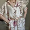Komplet satynowy z jedwabiem wiskoza w kwiaty koszula spodnie z gumką w pasie luźny elegancki zestaw