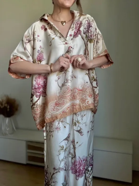 Komplet satynowy z jedwabiem wiskoza w kwiaty koszula spodnie z gumką w pasie luźny elegancki zestaw