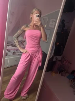 Komplet set spodnie z szerokimi nogawkami top bez ramiączek , prążek , róż 95% wiskoza