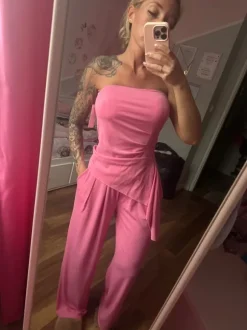 Komplet set spodnie z szerokimi nogawkami top bez ramiączek , prążek , róż 95% wiskoza