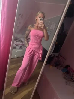 Komplet set spodnie z szerokimi nogawkami top bez ramiączek , prążek , róż 95% wiskoza