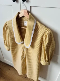 Koszula damska krótki rękaw rozmiar SM 100% bawełna drobna kratka vintage kołnierz