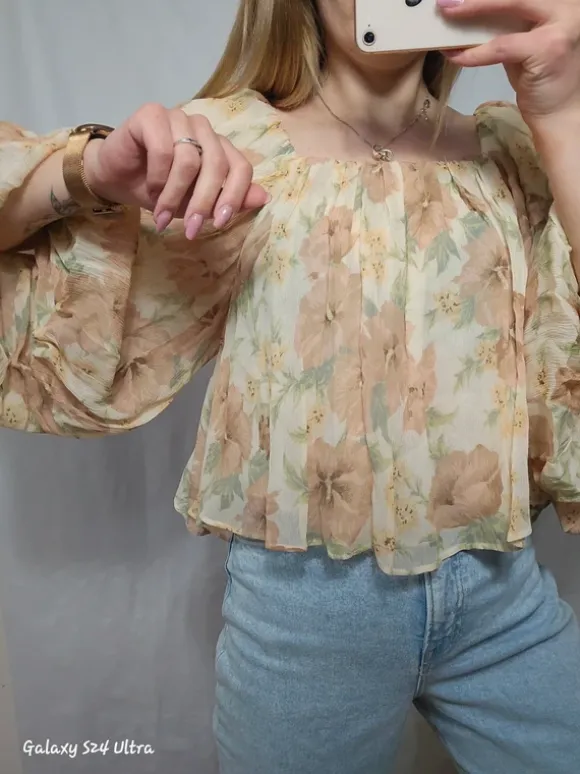 Mango bluzka hiszpanka kwiaty boho bufiaste rękawy XS nowa z metką