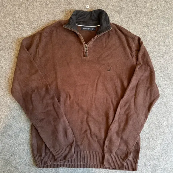 Nautica Men’s Quarter Zip Sweater L Brown Cotton