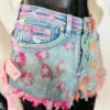neon jeans szorty damskie S custom y2k farbowane streetwear