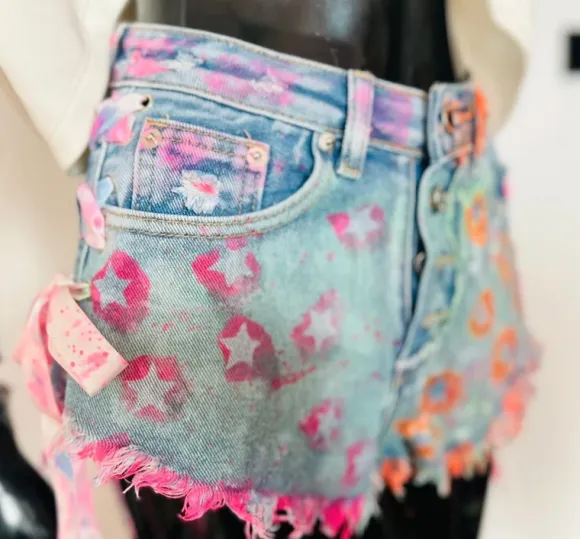 neon jeans szorty damskie S custom y2k farbowane streetwear