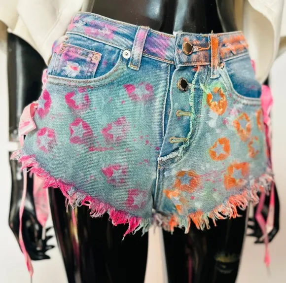 neon jeans szorty damskie S custom y2k farbowane streetwear