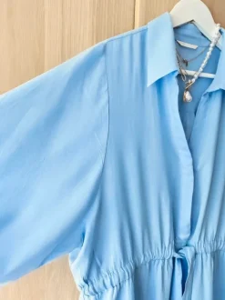 Niebieska sukienka na komunię na wesele letnia len bawełna scandi midi dress blue
