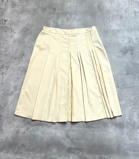 Oscar de la Renta spódniczka vintage kremowa plisowana z koronką midi wiosna M 38