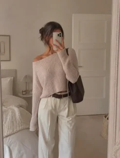Rib-knit off-the-shoulder jumper
