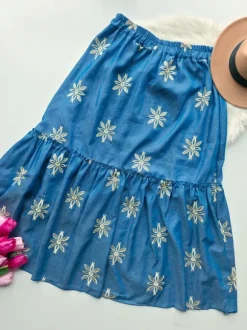 Spódnica midi w haftowane kwiaty letnia bawełniana gumka w pasie L