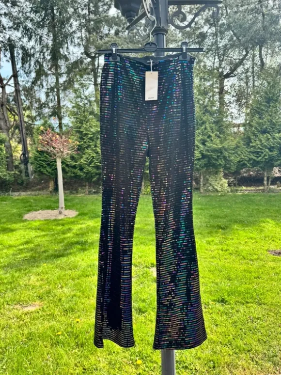 Spodnie Dzwony Cekiny Disco Świecące Błyszczące Lata 70/80 Gumka w Pasie Legginsy
