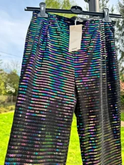 Spodnie Dzwony Cekiny Disco Świecące Błyszczące Lata 70/80 Gumka w Pasie Legginsy