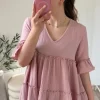 Sukienka babydoll mini falbanki dekolt v pudrowa muślinowa na lato wakacje bawełna