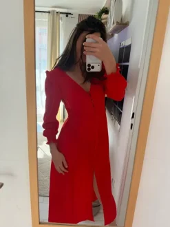 Sukienka czerwona midi elegancka z guzikami rozcięcie długa romantyczna coquette vintage new look M