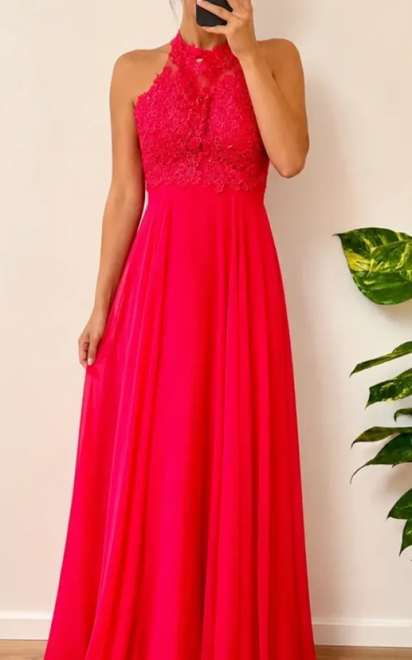 Suknia maxi Pretty Women 36 żywy róż koronka elegancka wesele