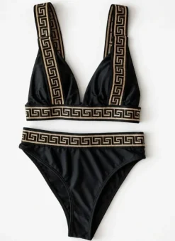 Svart bikini med gulddetaljer / grekiskt mönster