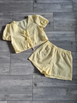 Żółty komplet damski boho pastel set loose comfy puff sleeves shorts co ord L 40