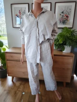 Zestaw lniany Cubus XL koszula spodnie len 100% beżowy cappuccino