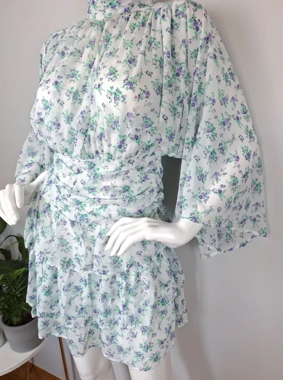 Zwiewna kwiatowa sukienka kimono drapowana marszczona szerokie rękaw tiul